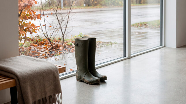 Rain boots beside a large window on a rainy autumn day, concept of seasonal weather and cozy indoor living