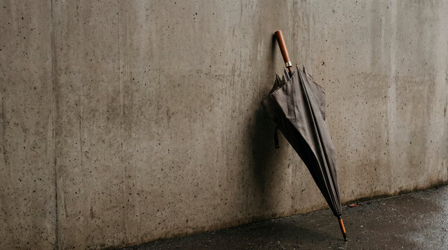 Closed black umbrella leaning against a concrete wall after rain, concept of protection and rainy weather lifestyle