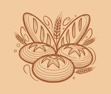 Sourdough bread vector illustration, artisan bakery loaves with wheat ears line art, rustic vintage hand-drawn doodle style logo design element
