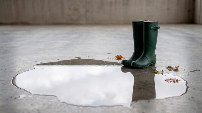 Rain boots beside a large indoor puddle, concept of rainy weather, protection and minimalist seasonal lifestyle