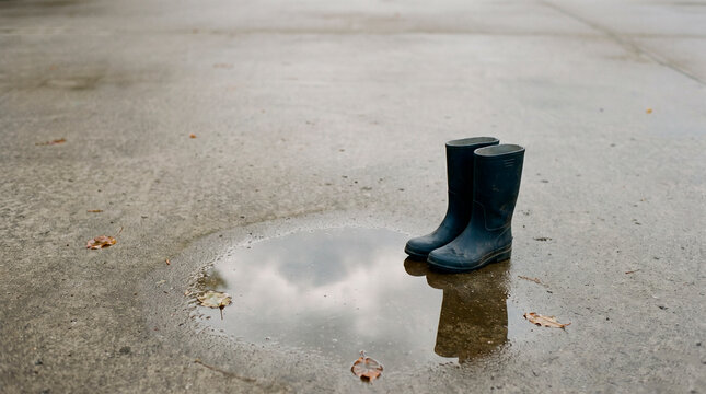 Rain boots reflected in a puddle on wet pavement, concept of autumn weather and outdoor seasonal living