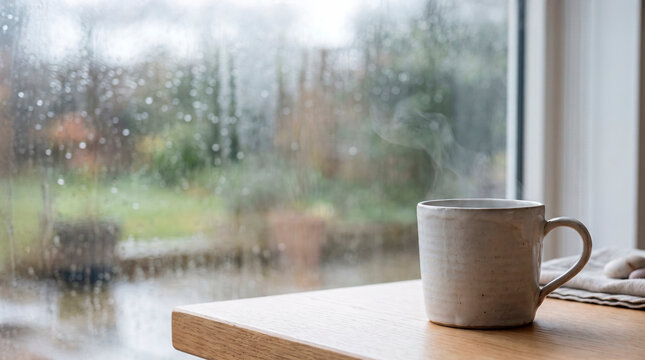 Steaming ceramic mug beside a rain covered window, concept of comfort, relaxation and cozy rainy day moments