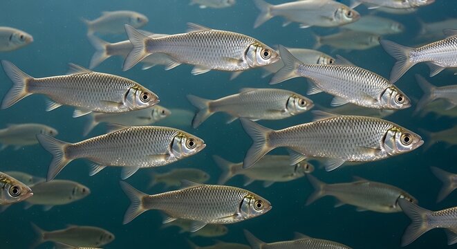 School of silver fish swimming underwater