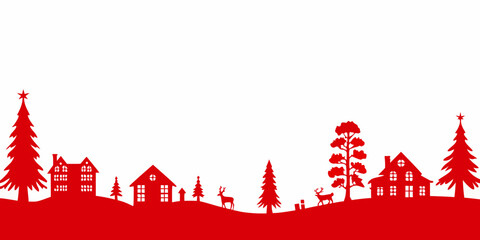 Winter scene silhouette with trees houses and reindeer on white background © bashanti