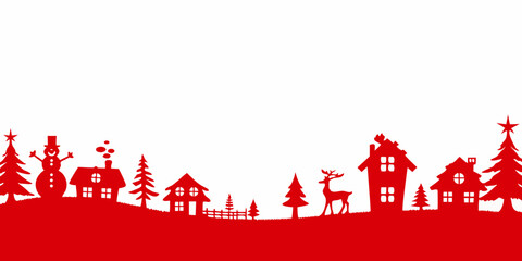 Winter Scene Silhouette With Snowmen Reindeer And Houses © bashanti