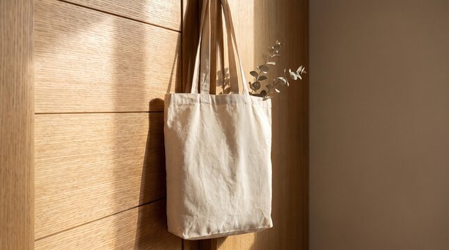 Natural Linen Tote Bag with Rope Handles Hanging on Wooden Wall &mdash; Minimal Product Shot