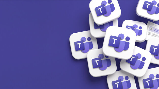 Microsoft Teams is a communication and collaboration platform integrated into Microsoft 365, featuring 3D app icons for business productivity, remote work meetings, and corporate chat interface.