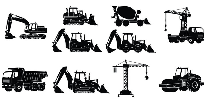 Collection of heavy construction vehicles and equipment silhouettes