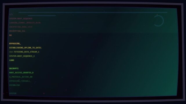 Digital terminal interface displaying hacking boot sequence and code