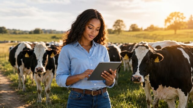 young african american female farmer using a digital tablet among tagged holstein cows in a sunny pasture at golden hour, concept of smart farming, dairy management, agricultural technology
