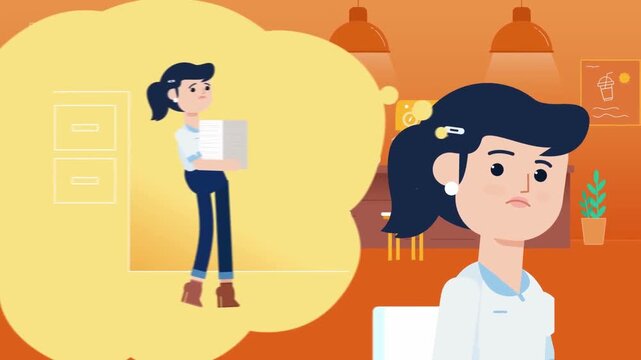 Animated Stressed Businesswoman Thinking with Thought Bubble, 2D Character Workplace Problem and Task Planning Concept