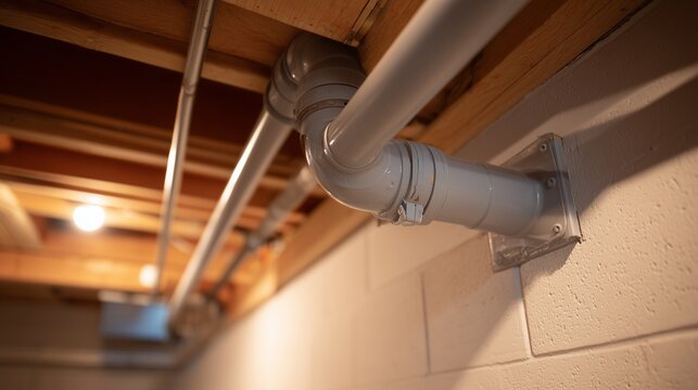 Basement radon mitigation system pipe and fan assembly attached to crawlspace ceiling and concrete block wall, illustrating gas venting and soil depressurization concept.