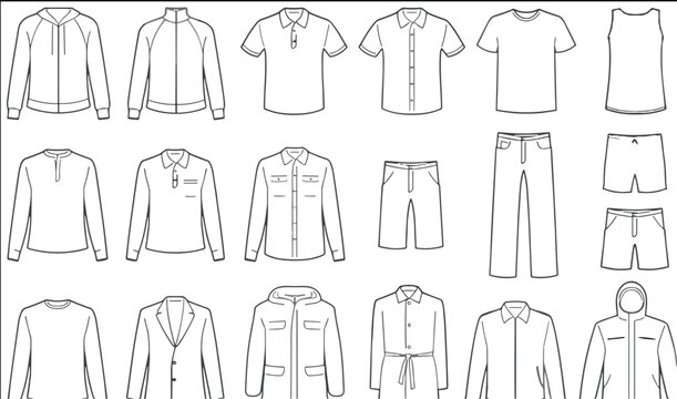 Fashion technical sketch outline set of mens clothing items featuring tshirts hoodies jackets and trousers icons in image_07600a.png