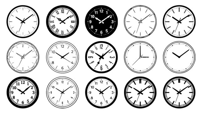 Modern Round Clock Vector Set with Different Time Displays and Minimal Analog Clock Faces