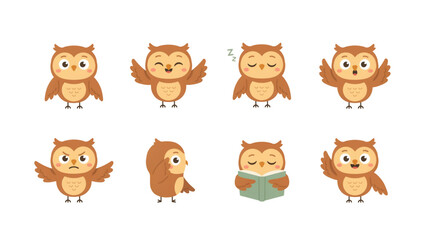 Fototapeta premium Cute cartoon owls in cozy sweater outfits sitting on a simple background Vector