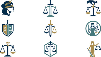 Fototapeta premium Law and Justice Logo Icon Set with Lady Justice Scales Sword and Shield Symbols for Attorney Law Firm and Courtroom Branding