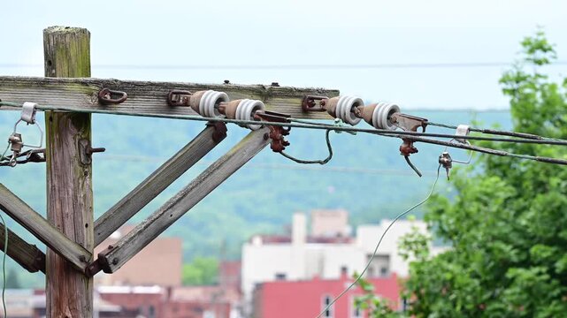 Energy lines, transformer, USA energy line domestic Us town, close up on lines generator, background selective focus video