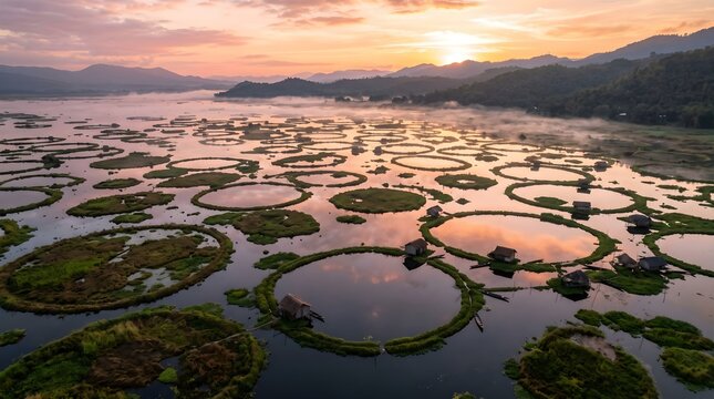 sunset over the river Unique Floating Phumdis Islands on Loktak Lake Manipur Aerial Dawn Mist