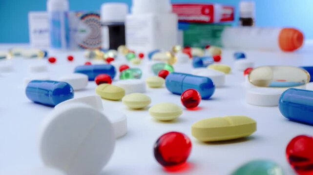 Close-up of assorted prescription medications including capsules, tablets, and softgel pills arranged on a medical surface.