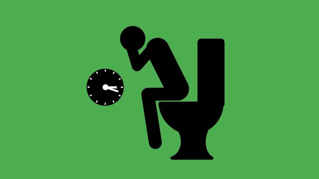 Animated constipation icon featuring black silhouette person sitting on toilet with clock symbol. Simple healthcare illustration for digestive health concept.