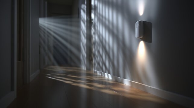 Indoor hallway with wall-mounted motion detector casting light and shadow, conveying home alarm system protection and intrusion detection.