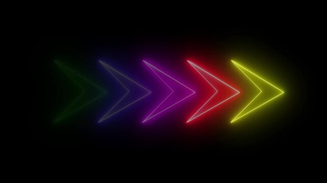 Neon glowing arrows animation pulsing in multi-color sequence on black background, direction pointer