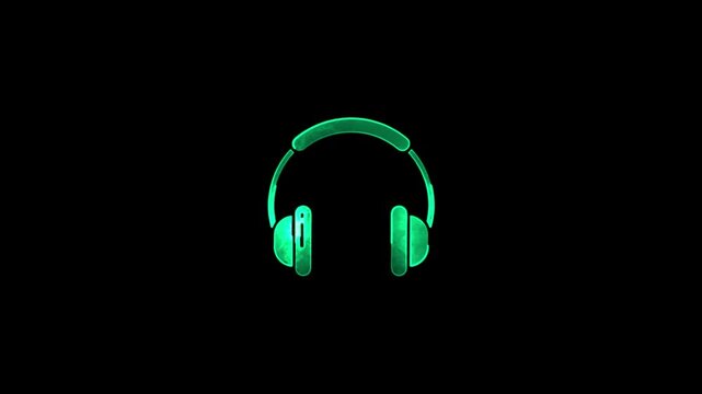 Neon green glowing headphones pulsing on black background, for audio and, music tech concepts, headset sound