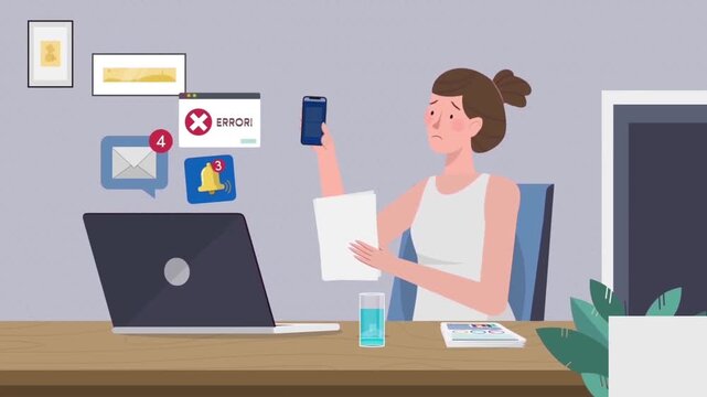 2D Animated Businesswoman Working at Desk Multitasking, Flat Design Corporate Employee Handling Notifications Office Stress Scene