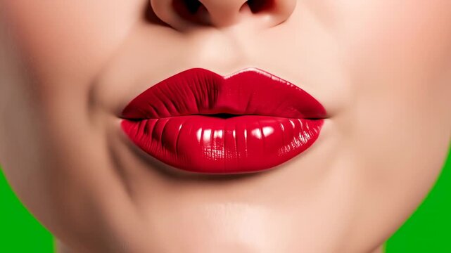A close-up of a woman's lips with shiny red lipstick on a green background