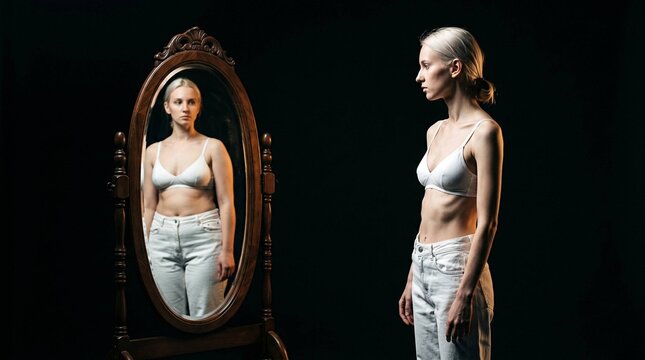 Thin Woman with Anorexia Looking at Distorted Overweight Reflection in Vintage Mirror