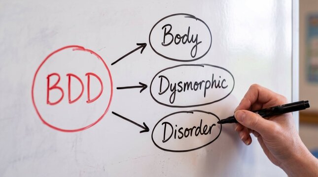 Hand Writing BDD Body Dysmorphic Disorder Diagram on Whiteboard with Marker
