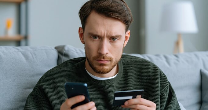 In a cozy home, an individual nervously reviews a questionable message on their phone while clutching a credit card, highlighting concerns about digital fraud and online banking safety.