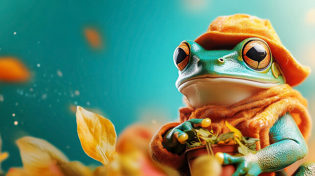 A cheerful frog in a hat tends to flowers, embodying a love for gardening and nature