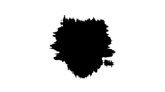 Abstract black ink blot expanding on white background, dynamic rorschach style motion splash