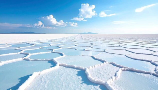 Expansive salt flats with blue sky reflection, geometric hexagonal crust patterns, surreal landscape, natural saline texture, environmental study, clear bright day, travel desert