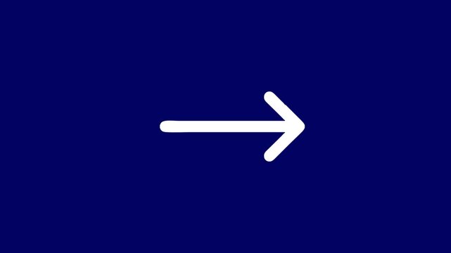 Minimalist white right arrow animation on solid navy blue background, direction navigation symbol