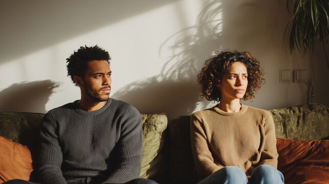 A tense couple sitting apart on a couch, avoiding eye contact, conveys disagreement, marriage problem and mediation need.
