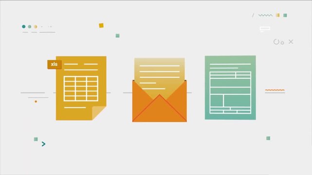 Animated Business Document Files UI Icons, 2D Flat Design Spreadsheet Email and Layout Web Development Software Concept