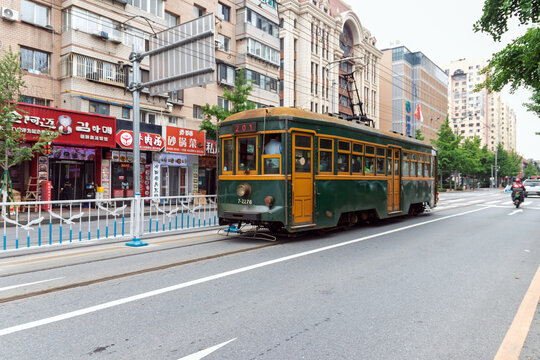 Dalian, China-June 6, 2026: Tram 201 is a historic and highly popular century-old tram line in Dalian. Vintage tram streetcar transport. It's daily public transit and a top tourist attraction.