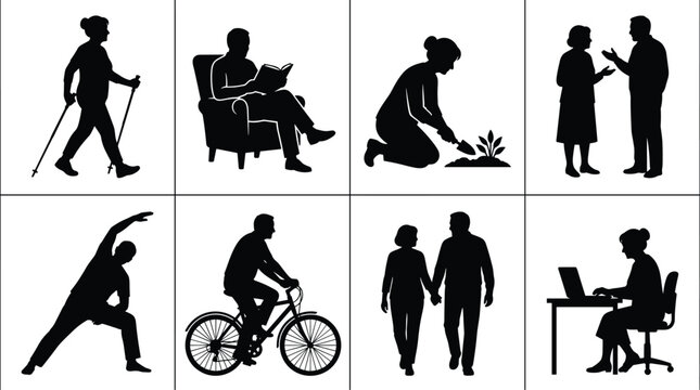 Black Silhouette Collection of People Performing Daily Activities Including Exercise, Reading, Gardening, Cycling, and Office Work