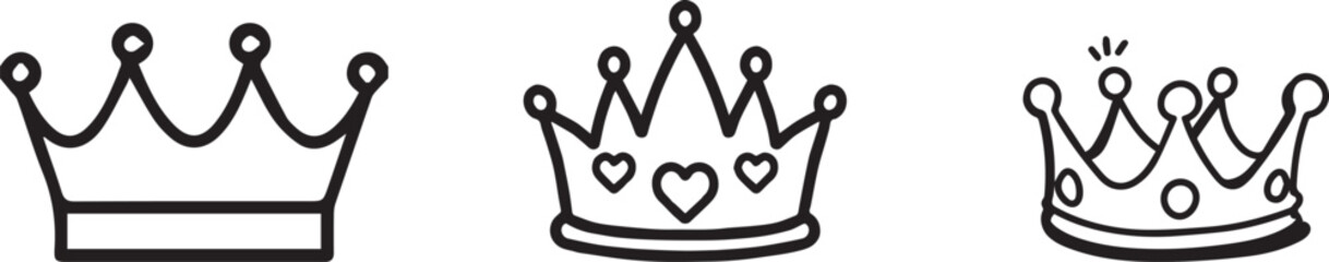 Minimalist crown icon set with hand drawn queen tiara vectors, black line art royal crowns for princess party branding, 3 crown elements © Sania