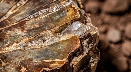 Fototapeta premium Close-up of a petrified wood fragment with visible crystal formations.
