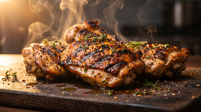 Hot grilled chicken thighs on dark wooden board with herbs and steam, delicious