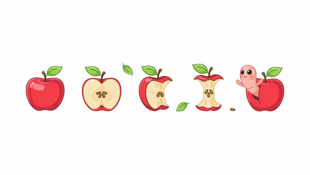 Cartoon apples with bite marks and leaf decorations in a playful row Vector