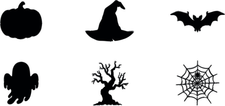 Halloween black silhouette icons vector set with pumpkin witch hat bat ghost spooky tree and spiderweb for minimalist holiday designs
