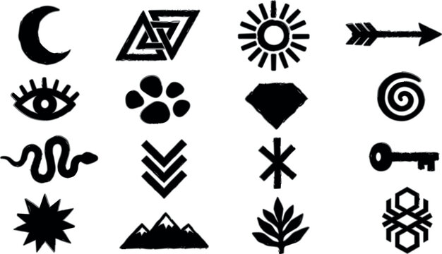 Mystical tribal icons and esoteric geometric symbols vector set with celestial moon sun snake and key elements for bohemian tattoo design