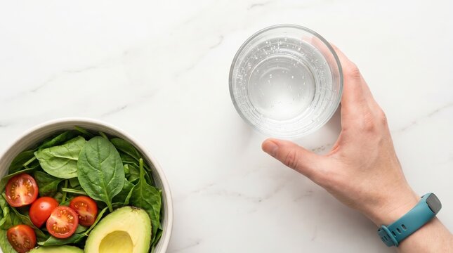 Person holding glass of water next to fresh green salad with avocado and tomatoes on white marble surface for healthy lifestyle and diet tracking