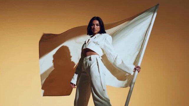 Woman in white outfit holding a large white flag against a warm background