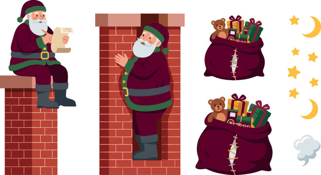 Vintage Santa Claus Vector Set Sitting on Chimney Reading Naughty or Nice List with Gift Sacks Moon and Star Elements for Retro Christmas Designs