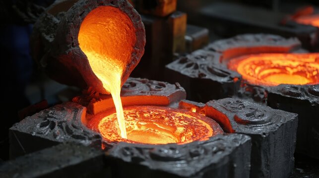 Molten aluminum being poured into intricate molds at a manufacturing facility
